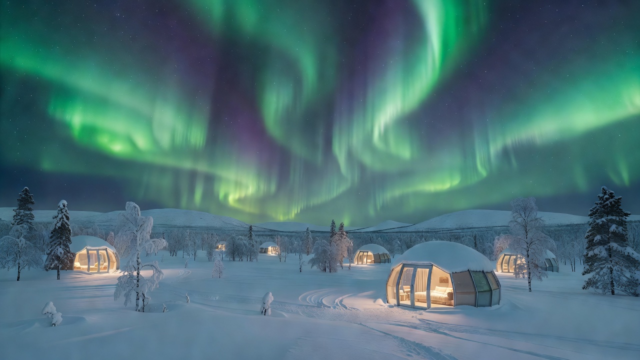 Aurora Borealis shining over thermal glass igloos in snowy Finnish Lapland wilderness