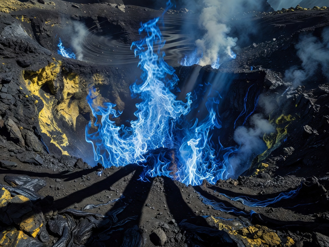 Electric blue flames of Kawah Ijen volcano erupting at night in Java Indonesia