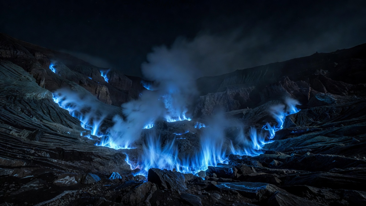 Electric blue sulfur gas flames glowing at midnight inside Kawah Ijen crater Java