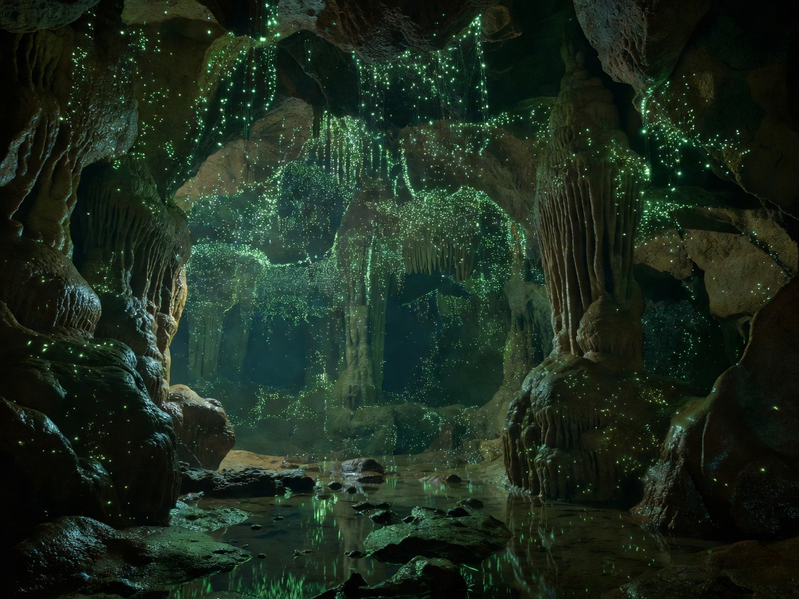 Glowworm caves illuminated like tiny green night stars hanging from limestone ceilings in Waitomo New Zealand