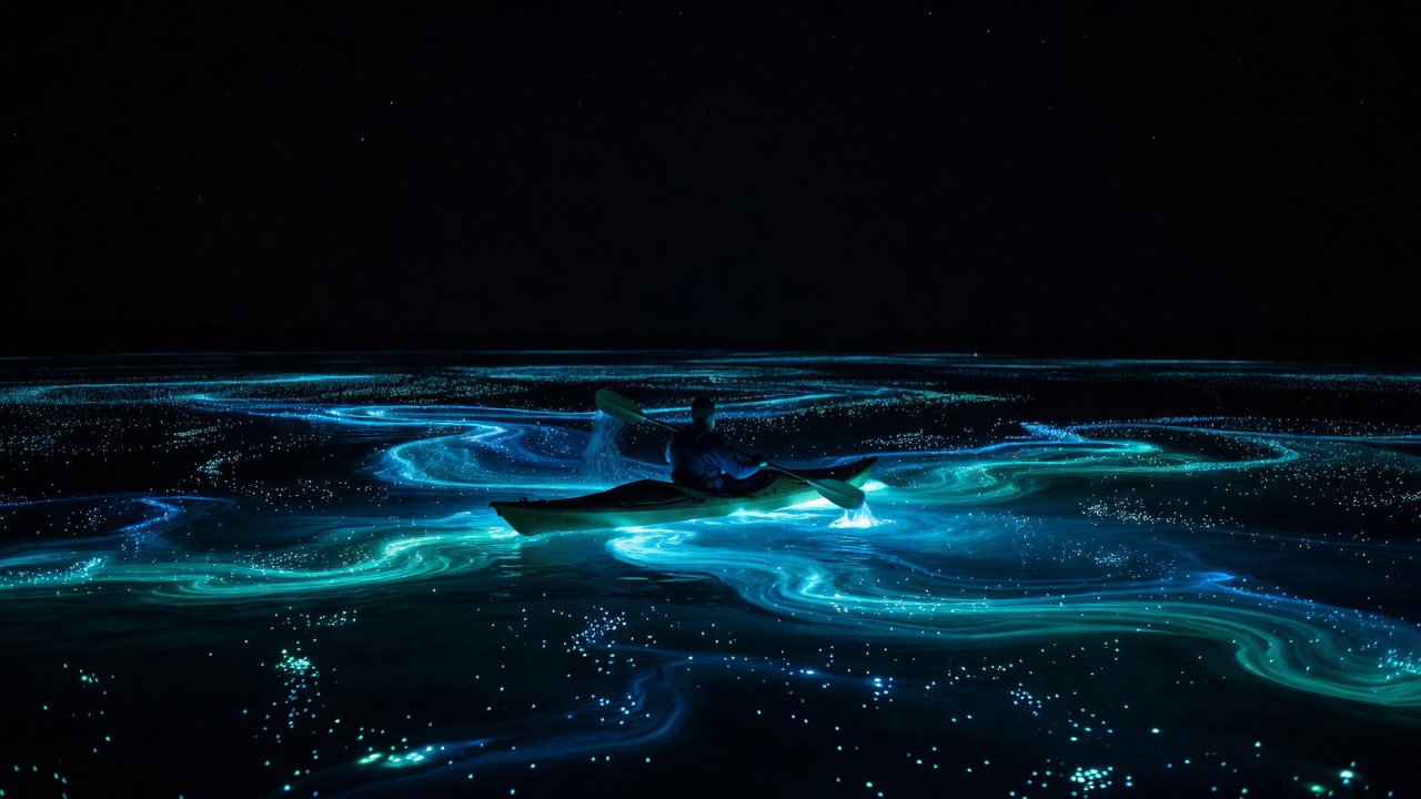 Kayaker gliding through glowing bioluminescent Mosquito Bay under pitch-black night