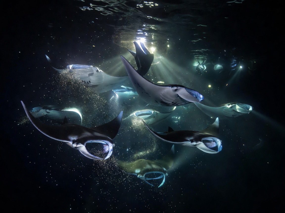 Night manta ray feeding frenzy illuminated by underwater dive lights off Kona Big Island Hawaii