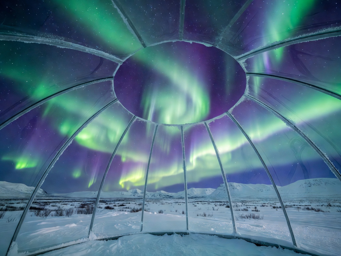 Northern Lights glowing over thermal glass igloo resort in Saariselka Finland